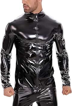 Amazon.com: Men Shiny Leather Shirt, Long Sleeve, Full
